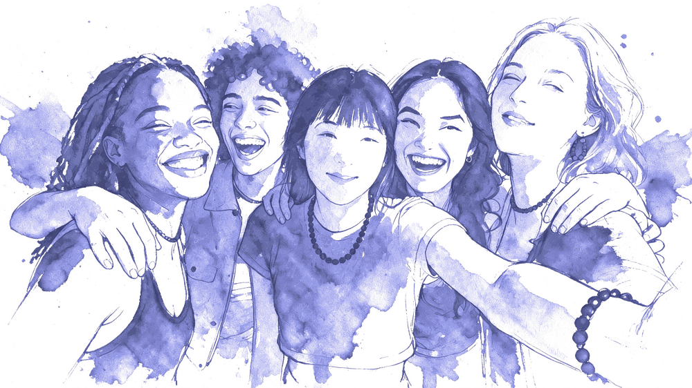 A loose lavender watercolour and ink sketch of five friends in their twenties, arms around each other, laughing into an arm's-length photo.