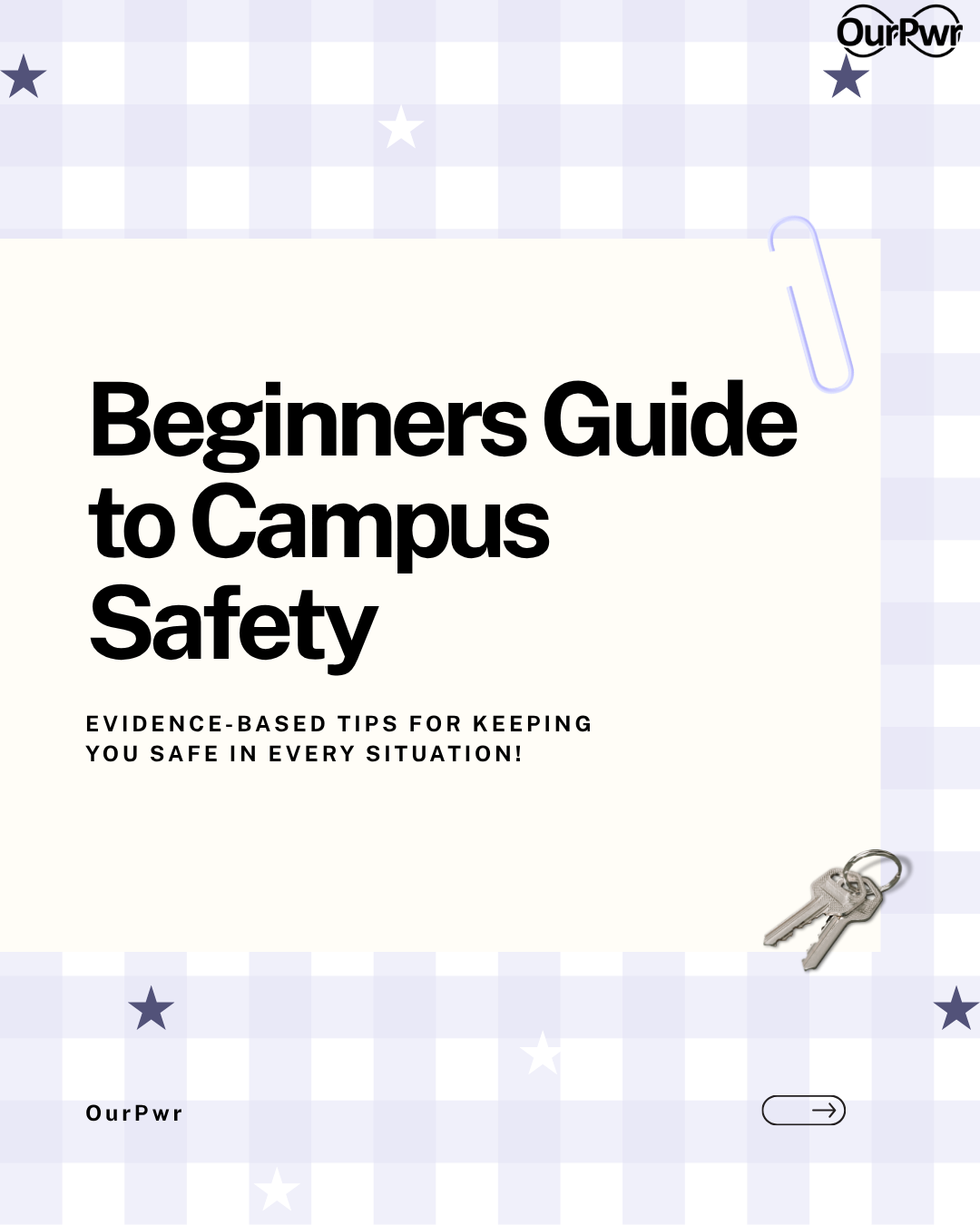 Cover of the OurPwr guide “Beginners Guide to Campus Safety: evidence-based tips for keeping you safe in every situation,” with a set of keys on a lavender gingham background.