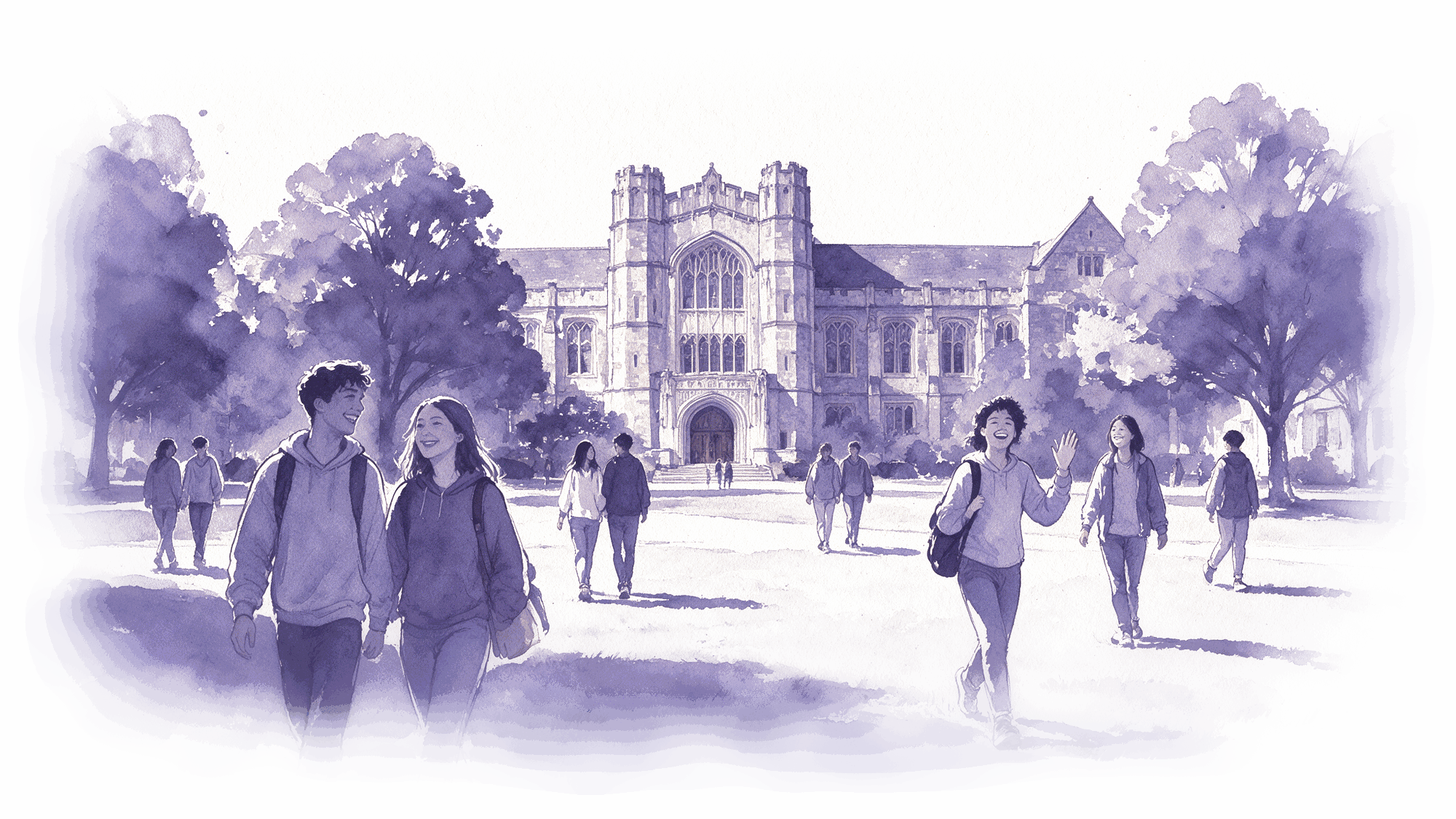 A loose lavender watercolour and ink sketch of students crossing a campus quad in front of an old stone building, one waving to a friend.