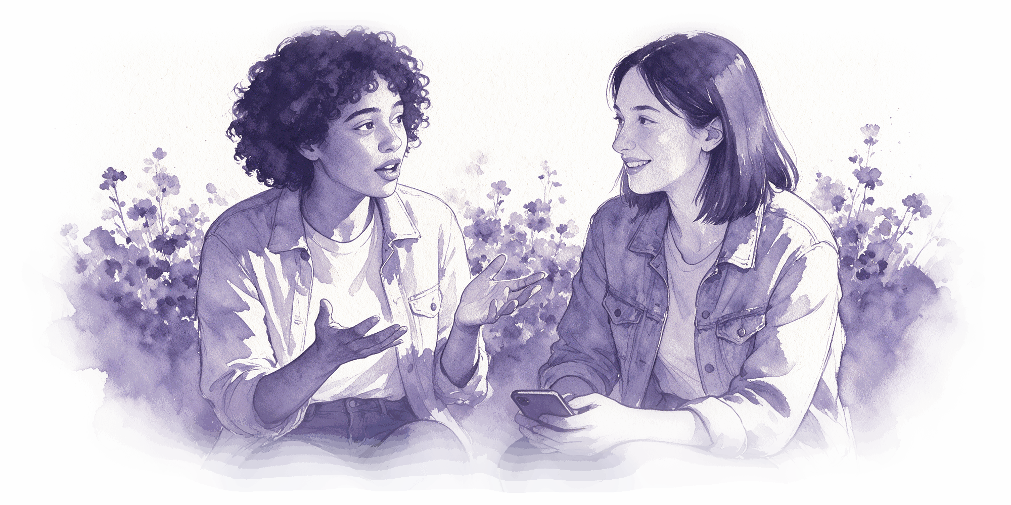 A loose lavender watercolour and ink sketch of two young women sitting together, one talking with an open gesture, the other listening with a phone in her hand.