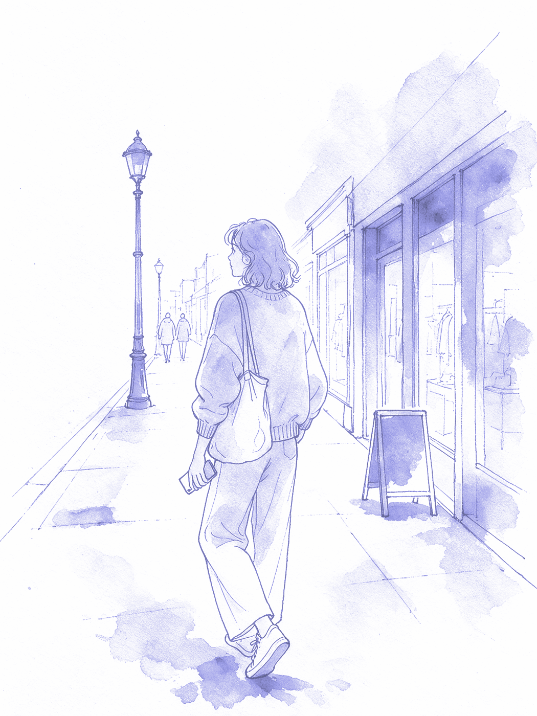 A loose lavender watercolour and ink sketch of a young woman walking home along a lit shopping street, phone in her hand.